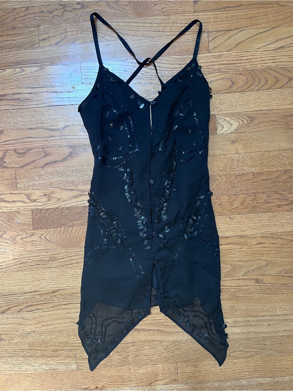RAGA Black Sequin Dress with Pointed Hem Button Closure Women's Size Small NWT